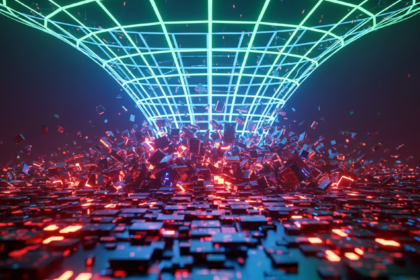 Dynamic abstract art: chaotic red/purple digital collapse beneath a glowing blue/green regulatory grid.