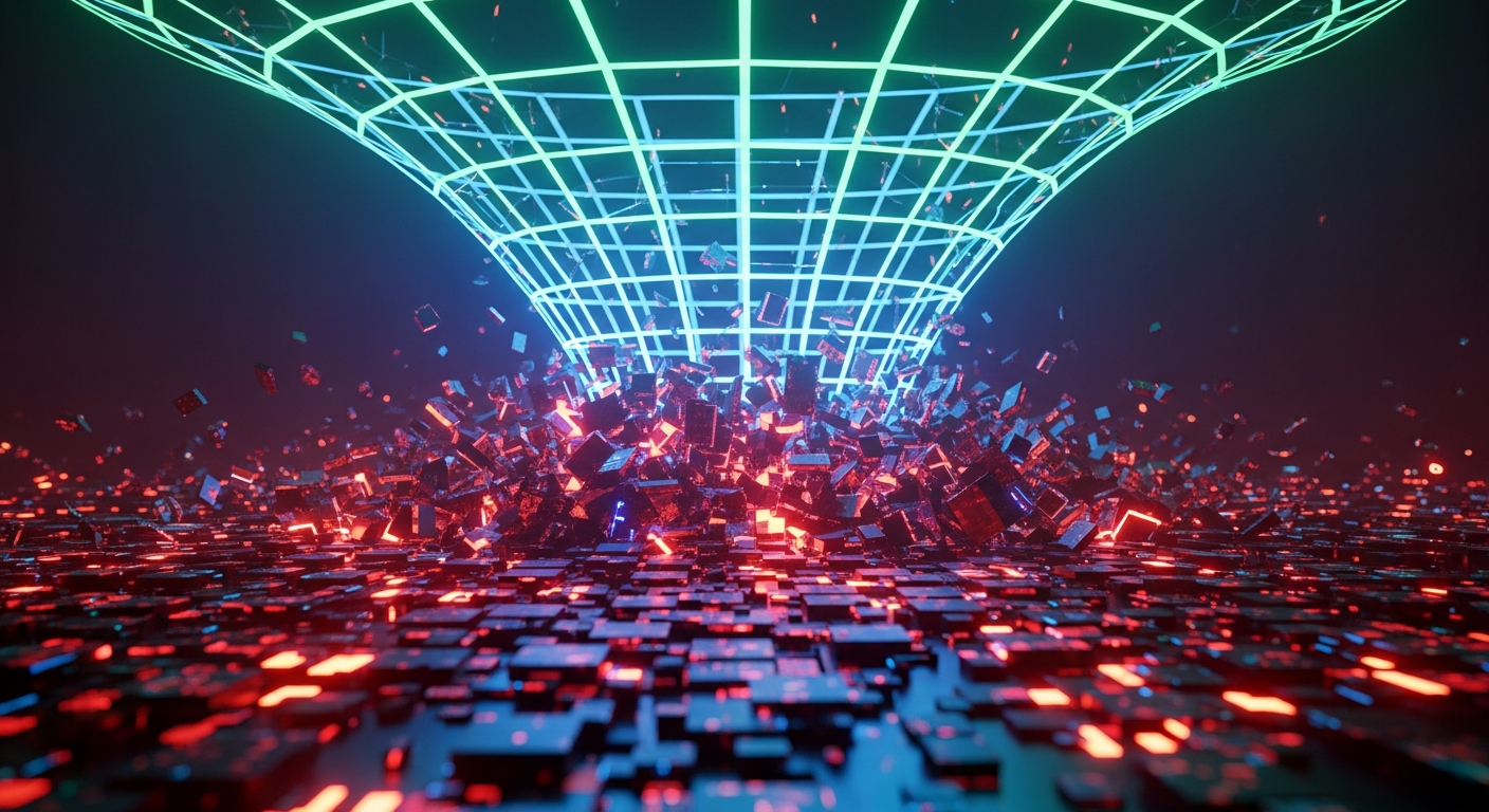 Dynamic abstract art: chaotic red/purple digital collapse beneath a glowing blue/green regulatory grid.