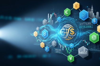 Foco moderno e abstrato: ativos digitais integrando-se às finanças globais, com iluminação vívida.