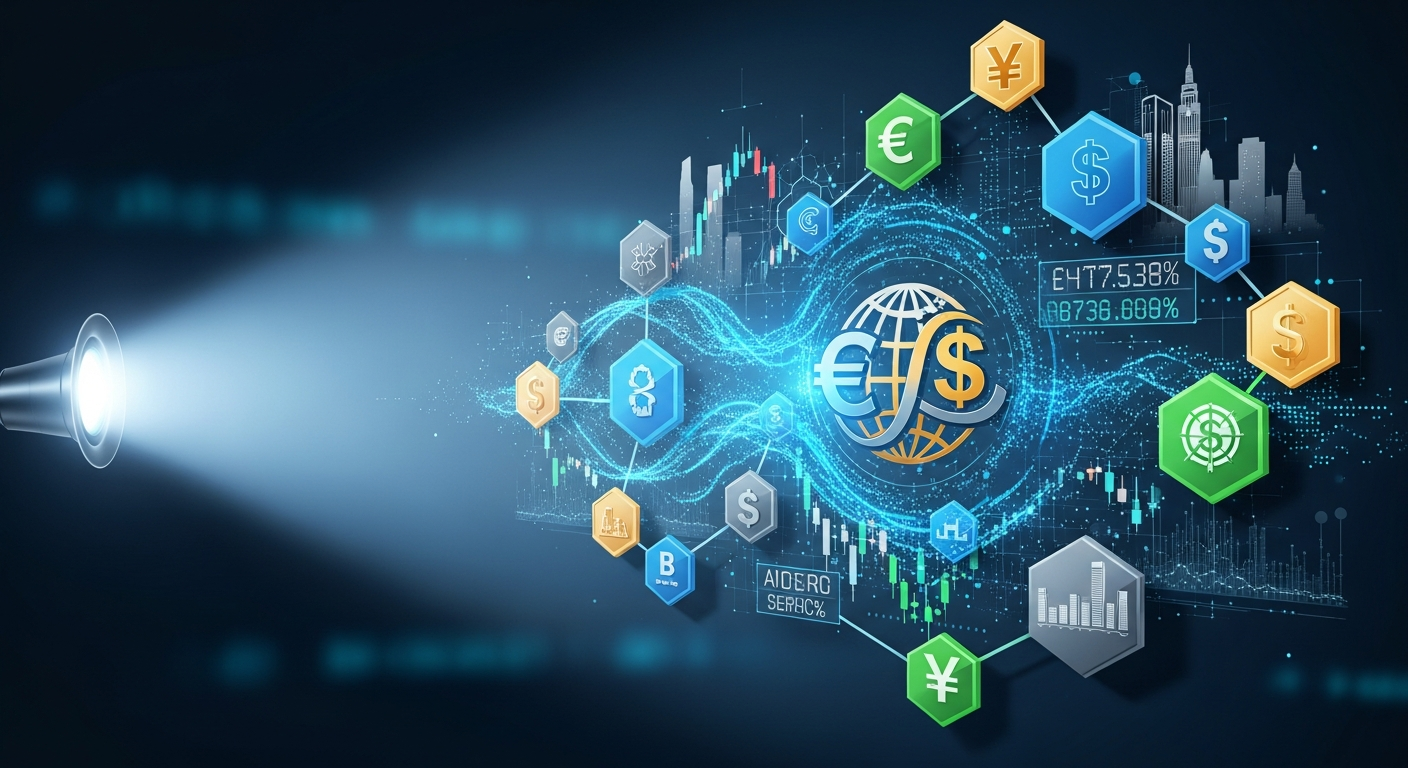Foco moderno e abstrato: ativos digitais integrando-se às finanças globais, com iluminação vívida.