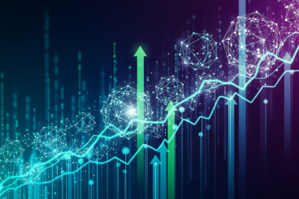 Abstract, upward digital streams and glowing geometric forms representing the future of digital finance.