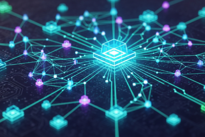 Arte digital abstrata: rede blockchain brilhante com nós geométricos interconectados e linhas luminosas.