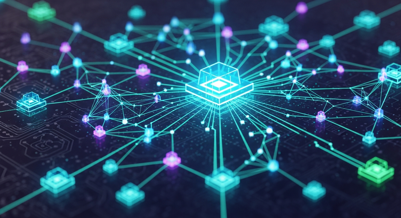 Arte digital abstrata: rede blockchain brilhante com nós geométricos interconectados e linhas luminosas.