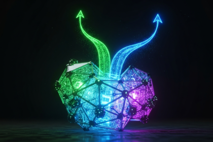 Estrutura geométrica abstrata, futurista e brilhante com dois caminhos de energia luminosos divergentes.