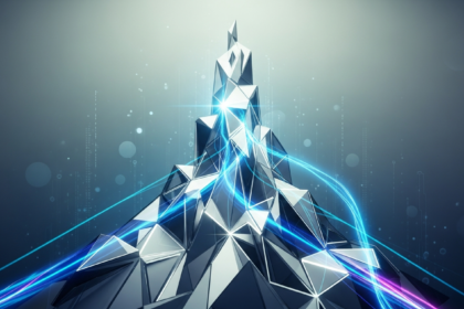 Forma geométrica abstrata, futurista e ascendente, em metal polido com luz brilhante.