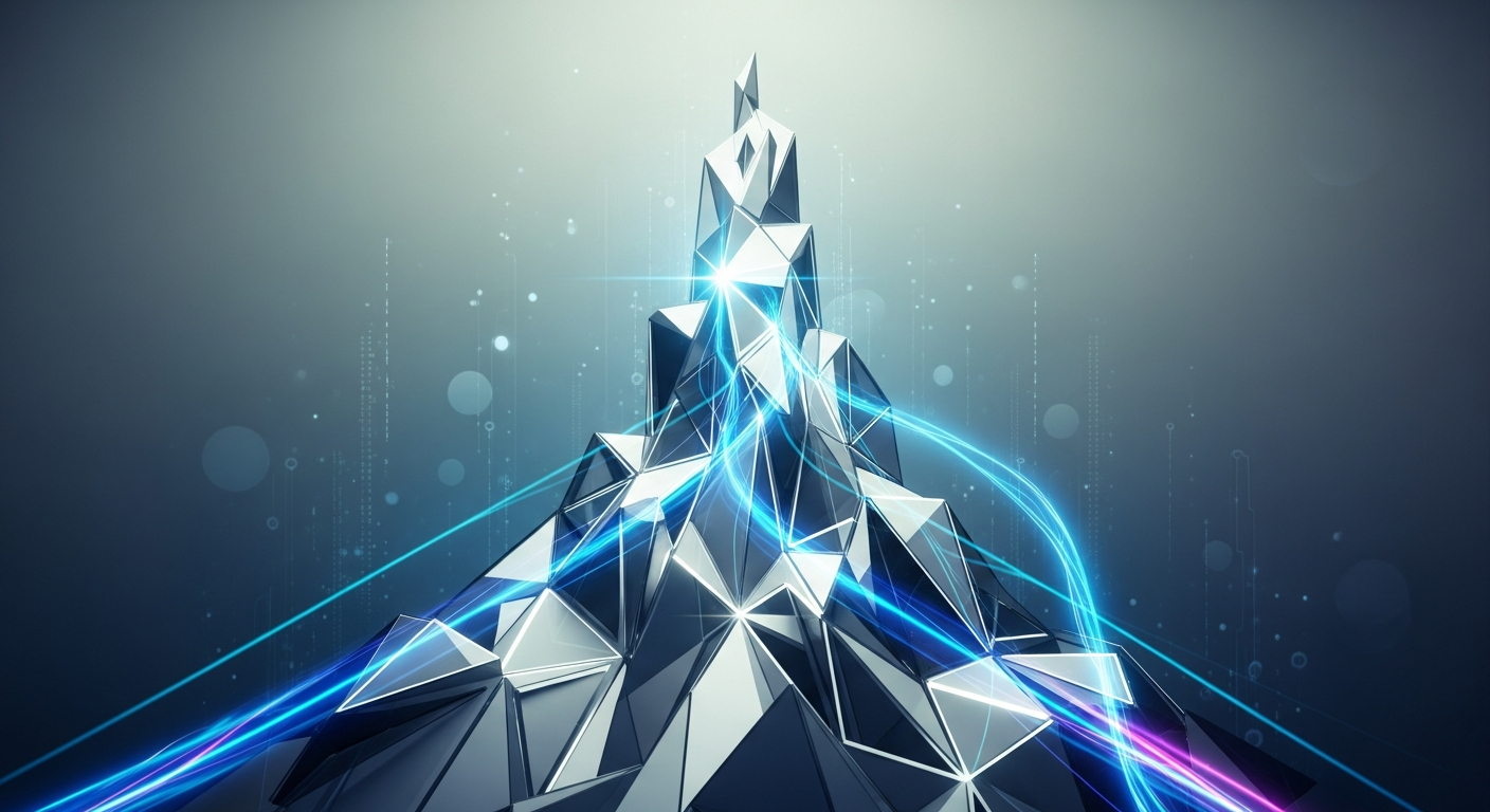 Forma geométrica abstrata, futurista e ascendente, em metal polido com luz brilhante.