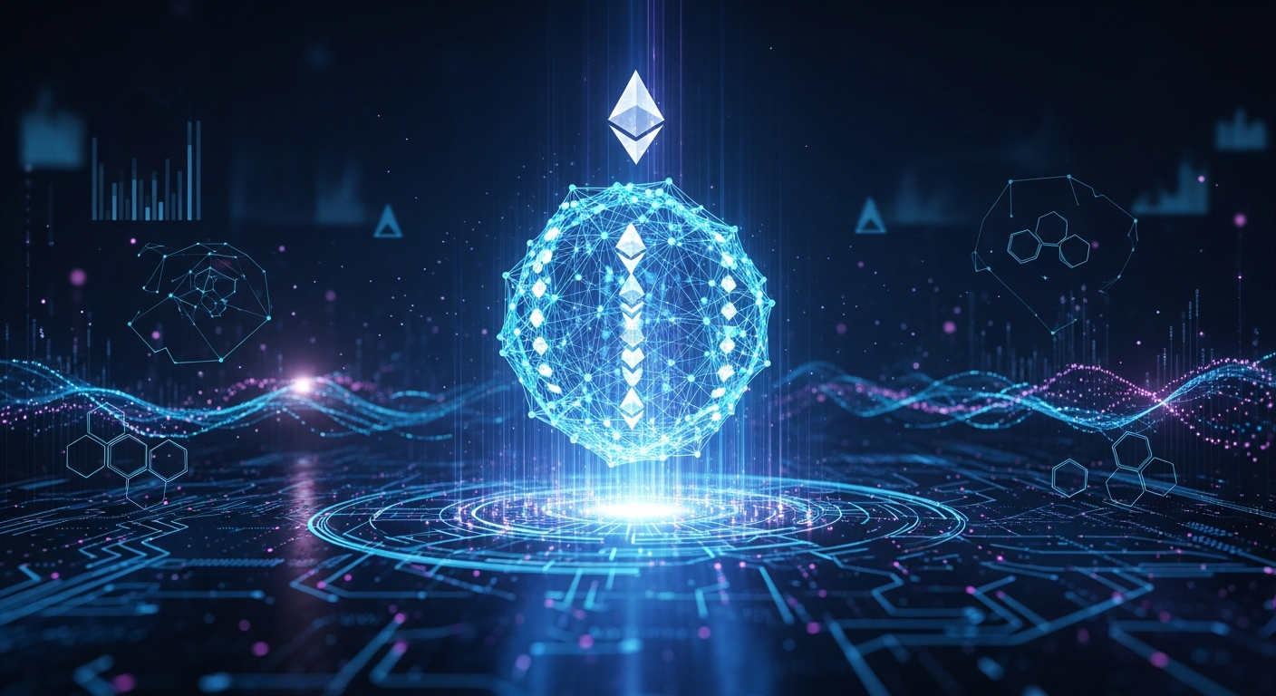 Ethereal, glowing Ethereum blockchain como uma rede complexa em arte digital moderna e abstrata.