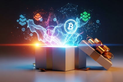 Caixa de presente minimalista aberta, emitindo luz digital vibrante, padrões blockchain e ícone de moeda.