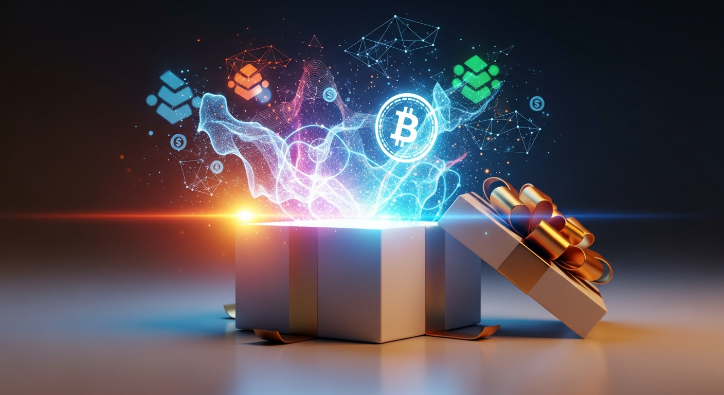 Caixa de presente minimalista aberta, emitindo luz digital vibrante, padrões blockchain e ícone de moeda.