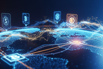 Rede blockchain abstrata e futurista com nós brilhantes, fluxos de dados e um globo digital.