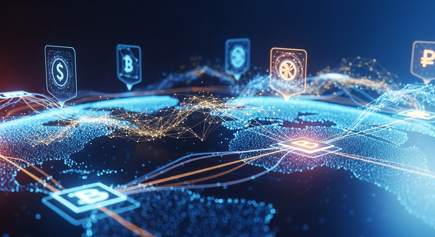 Rede blockchain abstrata e futurista com nós brilhantes, fluxos de dados e um globo digital.