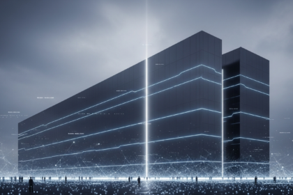 Estrutura colossal, minimalista e moderna simbolizando domínio institucional no espaço de ativos digitais.