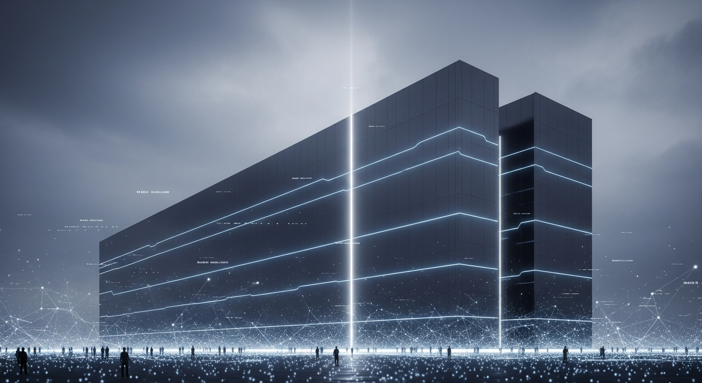 Estrutura colossal, minimalista e moderna simbolizando domínio institucional no espaço de ativos digitais.