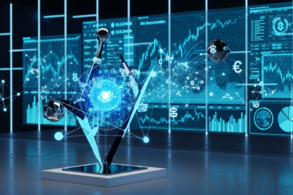 Centro de comando financeiro futurista e vazio, com um objeto minimalista no primeiro plano.