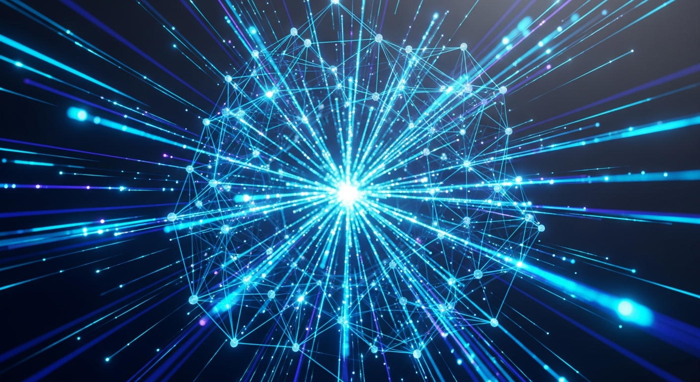 Rede digital hiperconectada abstrata e dinâmica com fluxos de dados azuis elétricos vibrantes.