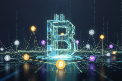 Representação abstrata de um mercado de criptomoedas estável, com uma estrutura geométrica central em forma de "B".