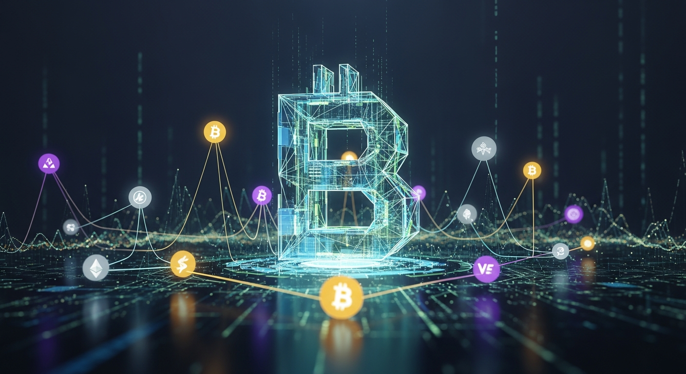 Representação abstrata de um mercado de criptomoedas estável, com uma estrutura geométrica central em forma de "B".