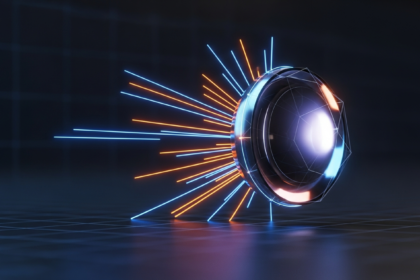 Abstract digital asset: uma esfera polida e brilhante ou moeda geométrica, dramaticamente apresentada.