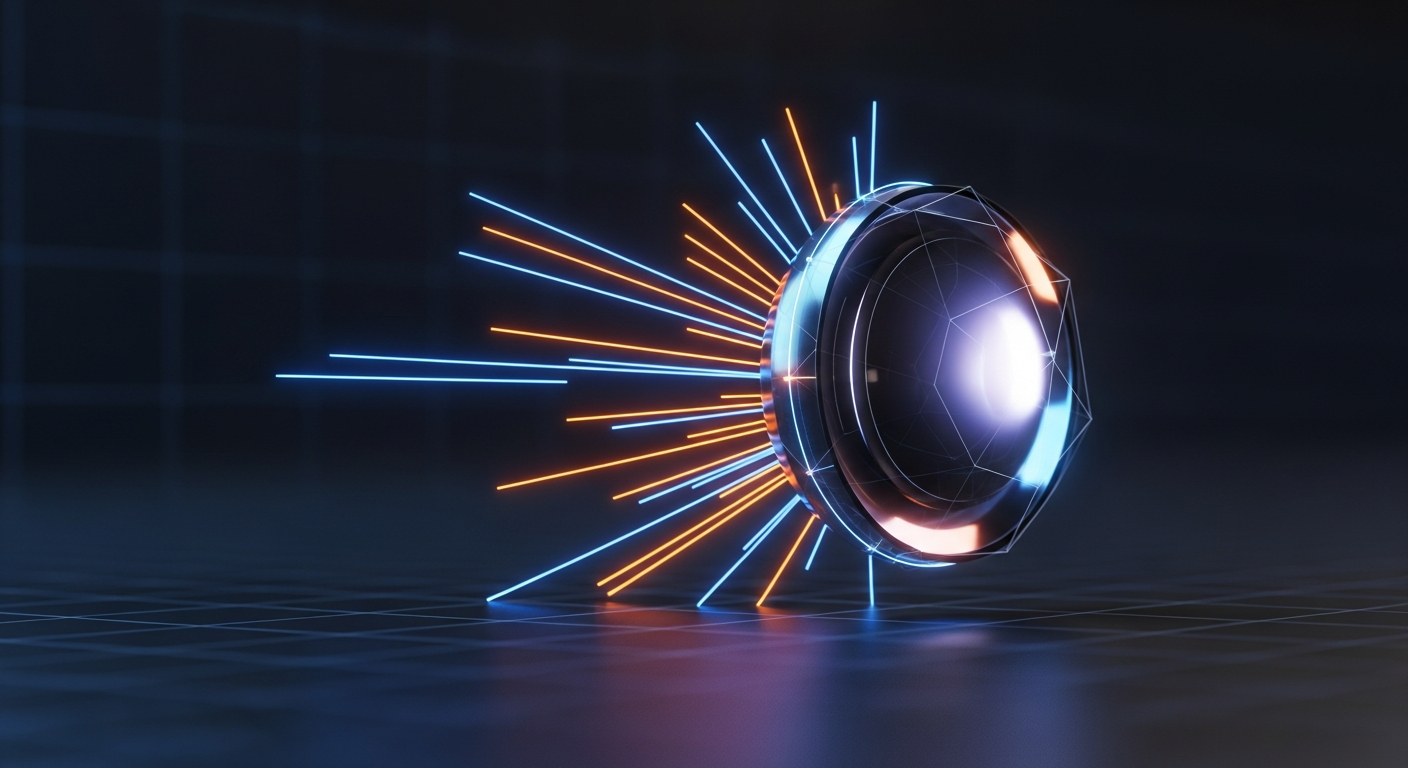 Abstract digital asset: uma esfera polida e brilhante ou moeda geométrica, dramaticamente apresentada.