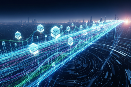 Sleek, luminous, futuristic bridge of intricate data streams and glowing blockchain nodes.