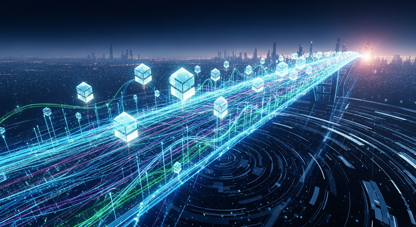 Sleek, luminous, futuristic bridge of intricate data streams and glowing blockchain nodes.