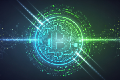 Arte digital abstrata moderna com moeda digital geométrica estilizada e brilhante no centro.