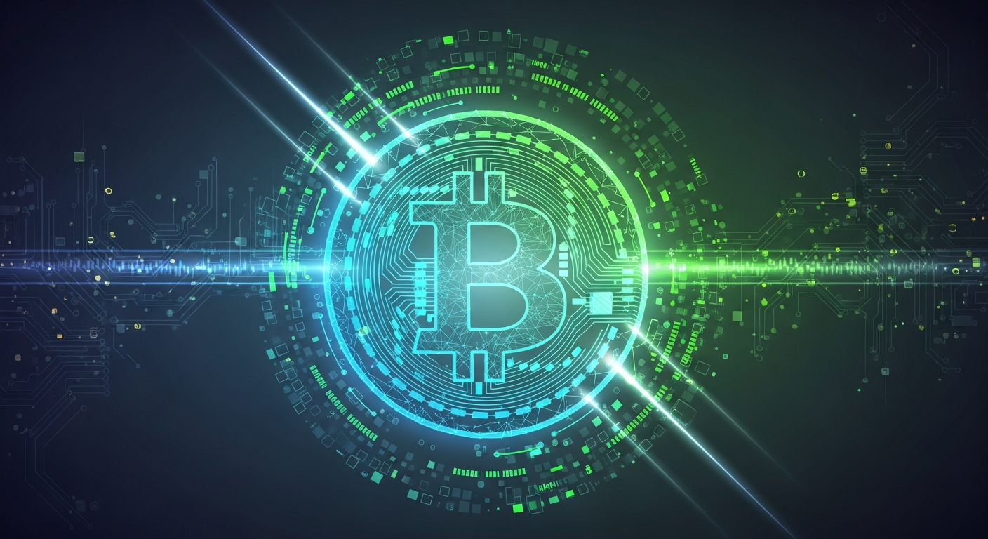 Arte digital abstrata moderna com moeda digital geométrica estilizada e brilhante no centro.