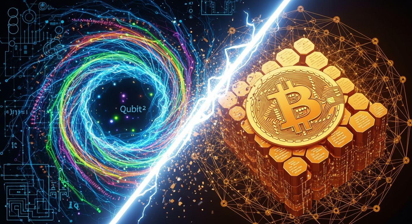 Arte digital abstrata e marcante ilustrando a ameaça quântica ao Bitcoin e sua resiliência.