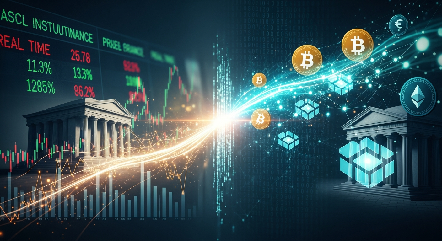 Imagem abstrata financeira mostrando a integração de finanças tradicionais com ativos digit