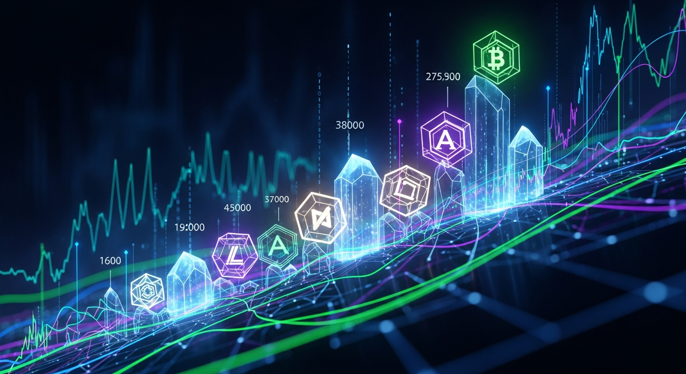 Arte digital: Paisagem financeira abstrata e futurista com fluxos de dados e formas geométricas brilhantes.