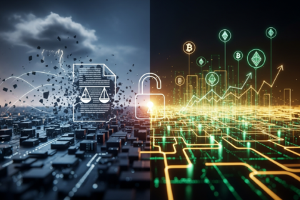 Arte digital moderna, duas metades contrastantes representando tendências globais de investimento em cripto.