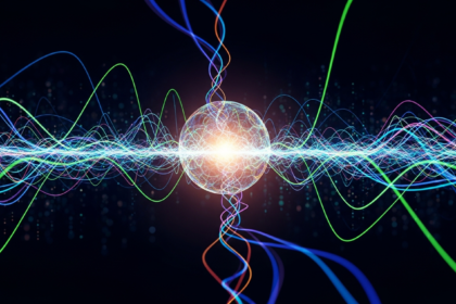 Abstract futuristic digital landscape: glowing interweaving lines and nodes converge centrally.