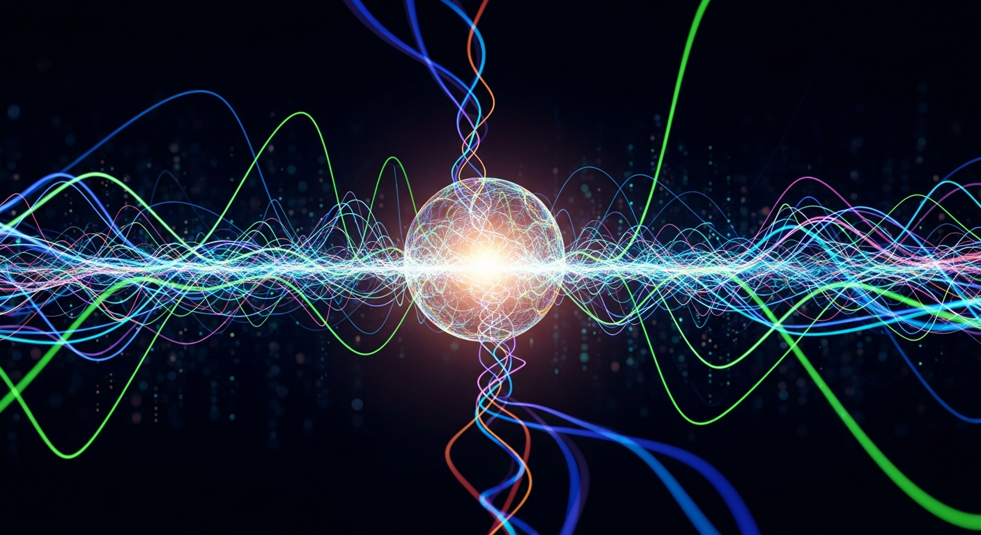 Abstract futuristic digital landscape: glowing interweaving lines and nodes converge centrally.