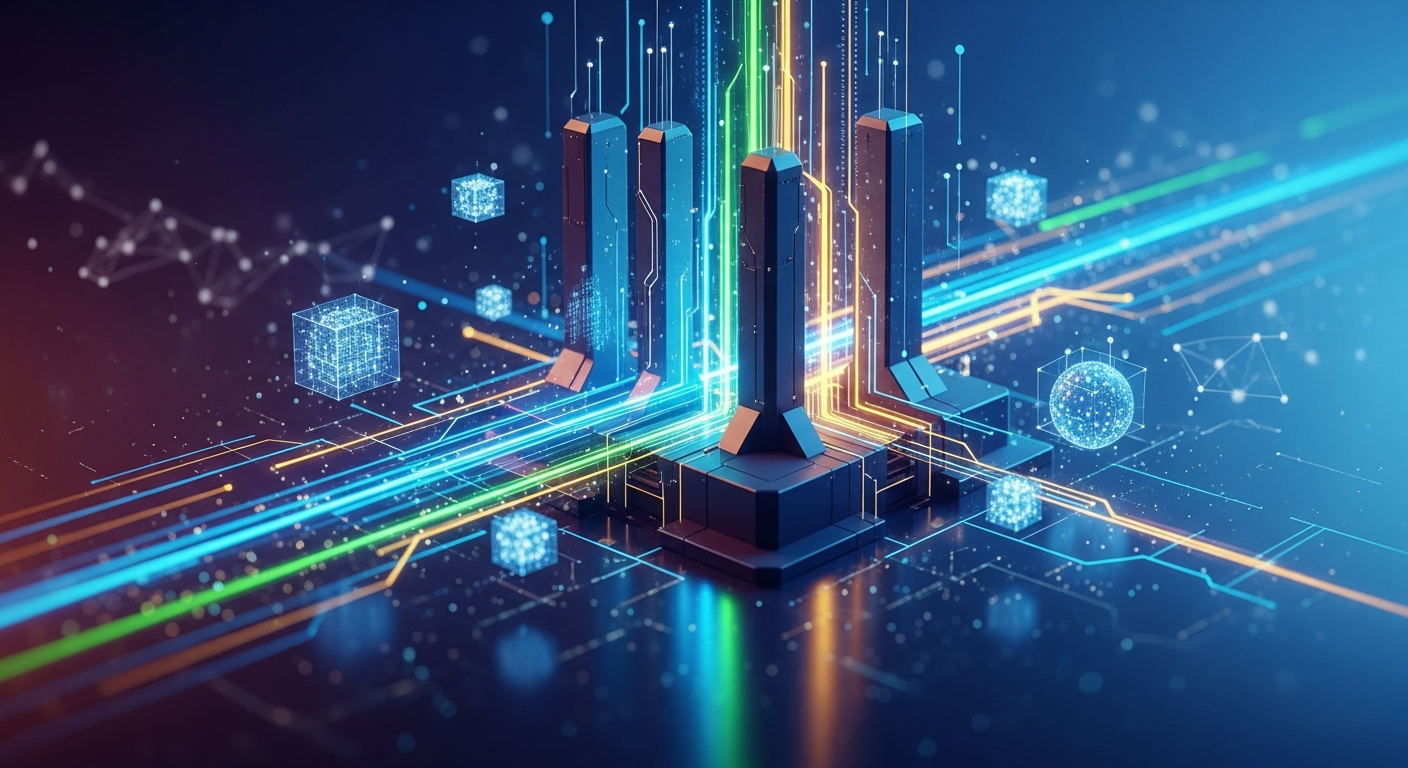 Abstract, sleek, robust geometric structures in deep blues, representing the digital financial landscape.