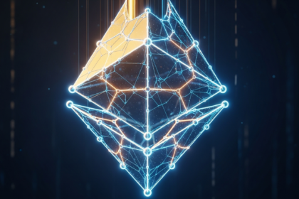 Símbolo abstrato e brilhante de criptomoeda sob intensa pressão descendente, sutilmente rachando.