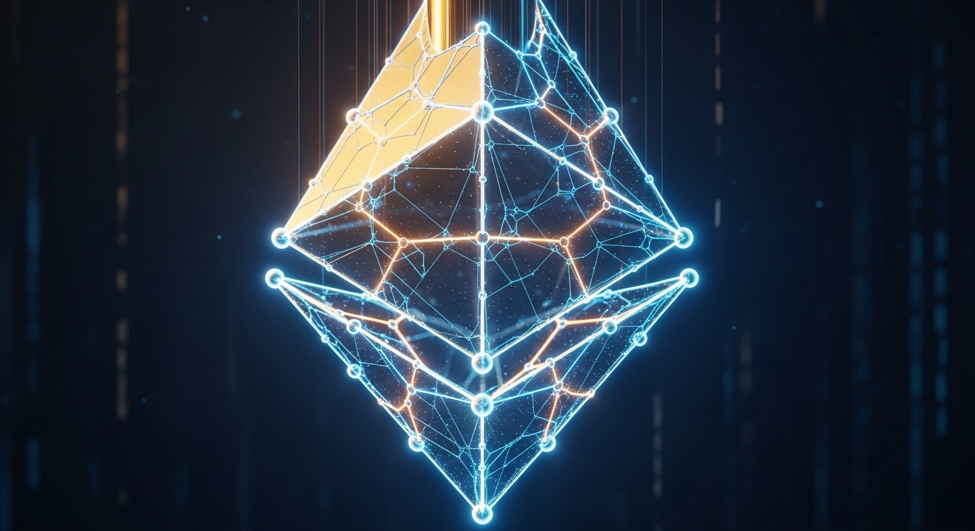 Símbolo abstrato e brilhante de criptomoeda sob intensa pressão descendente, sutilmente rachando.