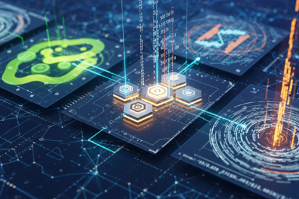 Modern abstract digital art depicting a dynamic, layered DeFi ecosystem and foundational network.