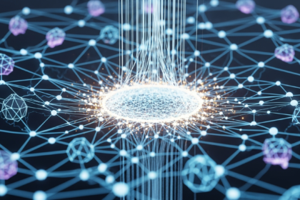 Representação geométrica abstrata de rede descentralizada com nós e linhas brilhantes sob pressão.