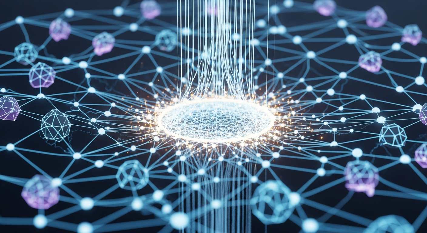Representação geométrica abstrata de rede descentralizada com nós e linhas brilhantes sob pressão.