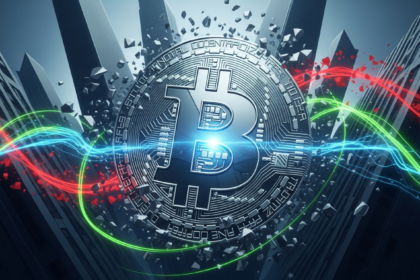 Logotipo Bitcoin, gráficos de mercado voláteis, tecnologia futurista e elementos financeiros institucionais.