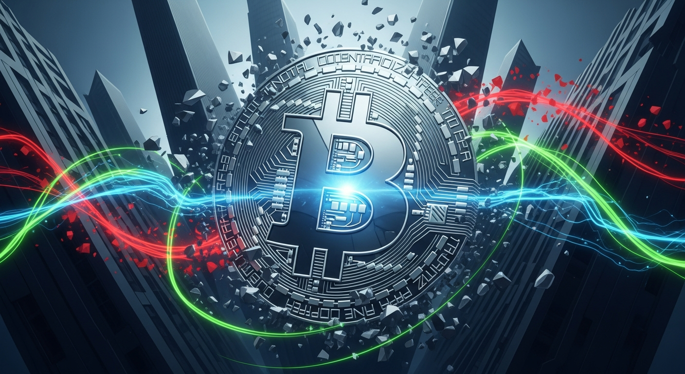 Logotipo Bitcoin, gráficos de mercado voláteis, tecnologia futurista e elementos financeiros institucionais.