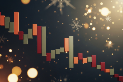 Arte abstrata moderna: barras digitais em queda, simbolizando mercado de criptomoedas em baixa na época festiva.