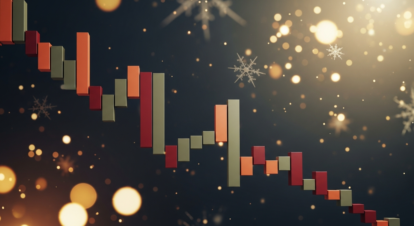 Arte abstrata moderna: barras digitais em queda, simbolizando mercado de criptomoedas em baixa na época festiva.