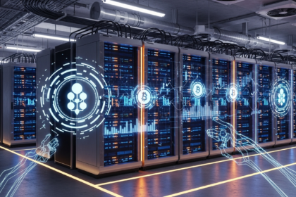 High-tech server farm com racks futuristas representando uma rede de mineração Bitcoin.