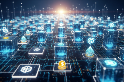 Vasta rede geométrica brilhante e interconectada, representando acumulação de ativos digitais e blockchain.