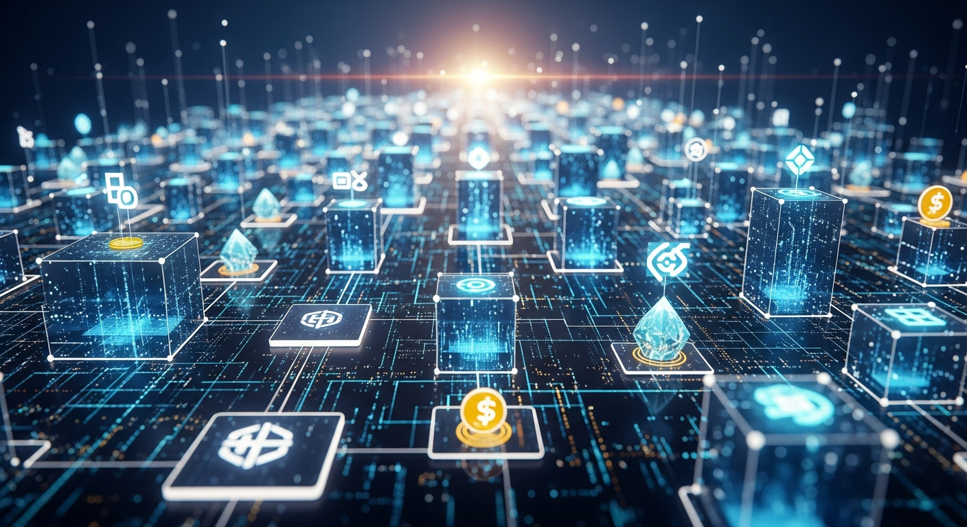 Vasta rede geométrica brilhante e interconectada, representando acumulação de ativos digitais e blockchain.