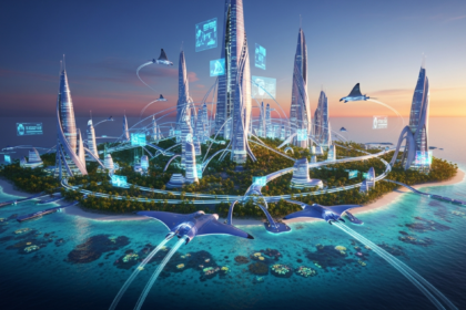 Ilha tropical futurista vibrante ao amanhecer digital, com complexa rede luminosa emergindo da terra.