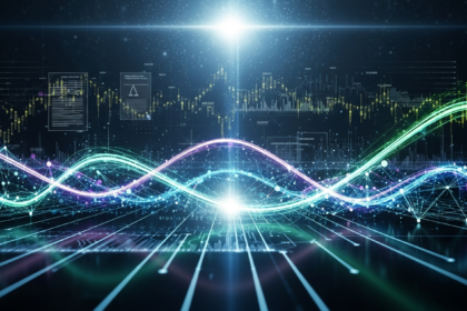 Fluxo luminoso de dados digitais interconectados e supervisão regulatória no mercado de criptomoedas.