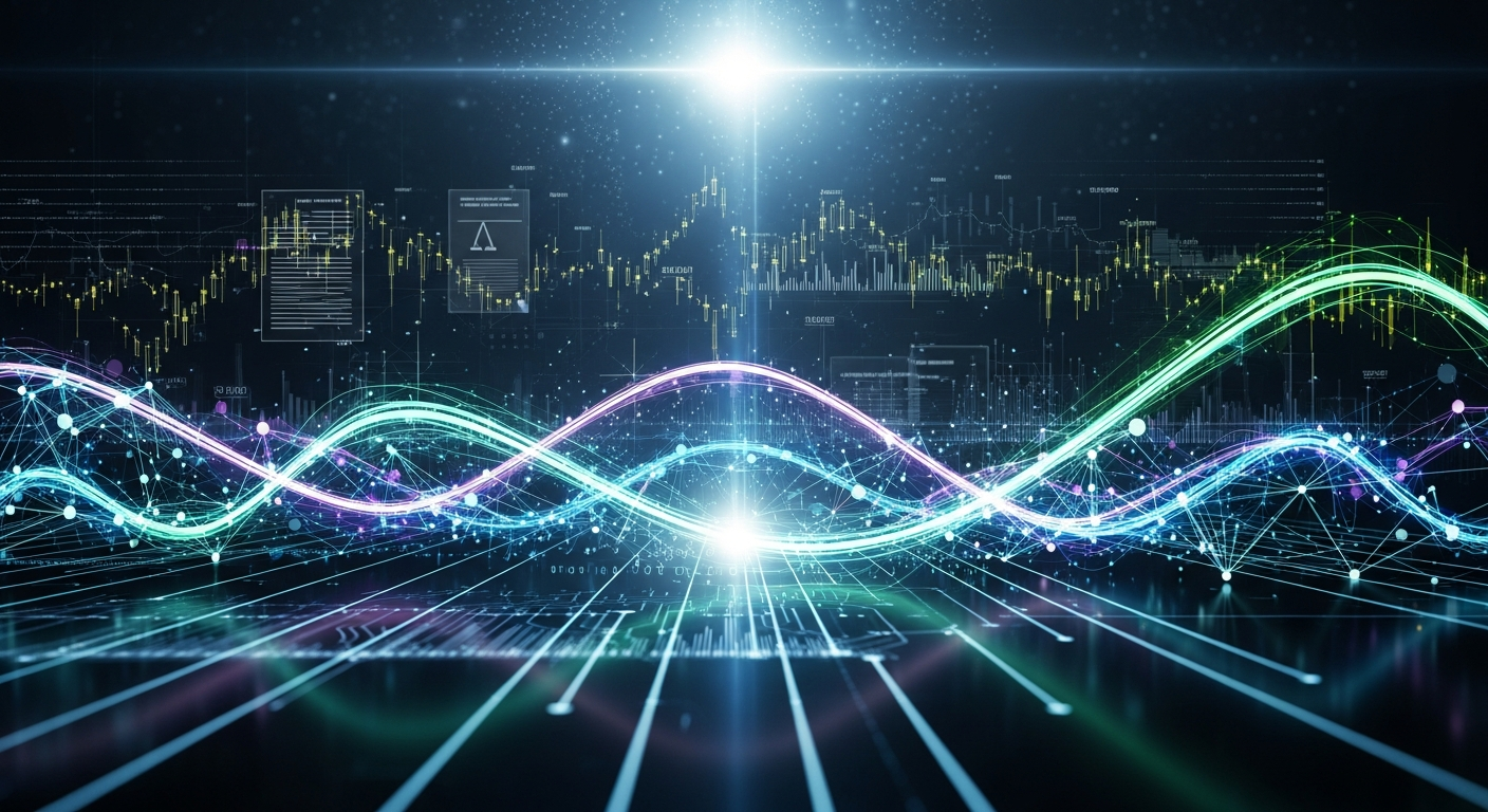 Fluxo luminoso de dados digitais interconectados e supervisão regulatória no mercado de criptomoedas.