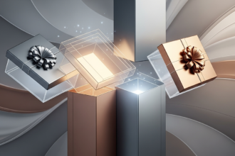 Sleek, modernas caixas de presente metálicas e translúcidas, algumas abertas com brilhos internos em fundo abstrato.